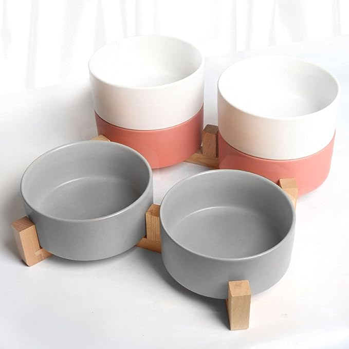 Petygooing Dog Bowls,Grey Ceramic Cat Dog Bowl Set with Wood Stand for Food and Water,Non-Slip Cute Modern Pet Dish Set for Cats and Medium Dogs (28OZ/6.1 in)-Mewly Pet