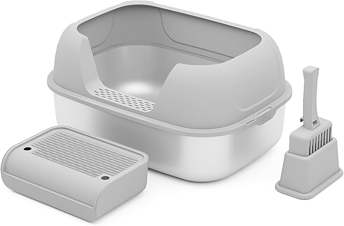 Stainless Steel Sifting Litter Box with Lid, Metal Litter Pan Tray with Scoop for Big Cats & Multi Cat, Extra Large Cats Litterbox Odor Control, Easy Clean (with Enclosure & Step, X-Large)-Mewly Pet