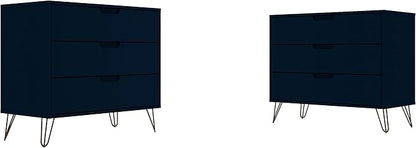 Manhattan Comfort Rockefeller 3 Drawer Dresser for Bedroom Storage, Nursery, Closet, Living Room, Entryway, TV Stand for Screens up to 32 Inches, Anti-Tip Kit Included, Set of 2, Midnight Blue