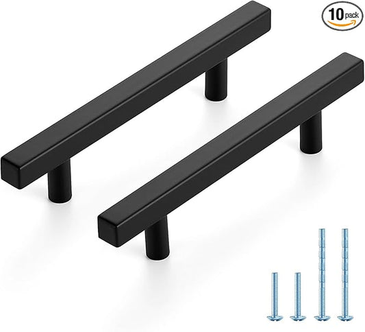 JOY DECOR 10 Pack 4 Inch Matte Black Square Cabinet Handles Stainless Steel Cabinet Hardware Pulls for Kitchen and Drawers with 6-2/5 Inch Overall Length