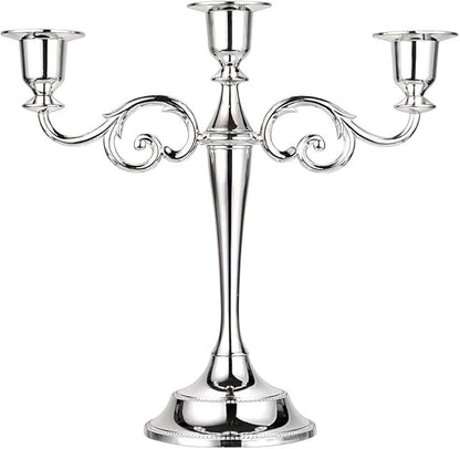 OwnMy 3 Arms Metal Candelabra Candlestick Silver European Elegant Candle Holder Candle Stand for Wedding Dining Table Christmas Party Home Decoration (Silver Tone)