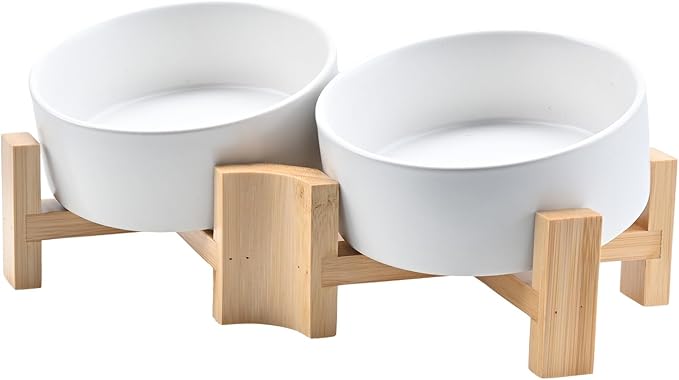 SPUNKYJUNKY 15° Slanted Ceramic Dog and Cat Bowl with Wooden Stand, Tilted Bulldog Food and Water Bowl No Slip Non-Spill for Cats Medium Dogs Big Face Pets 13.5 OZ (1.7 Cups, White × 2)-Mewly Pet