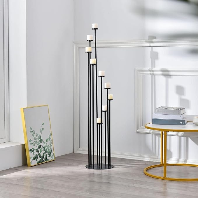 Set of 4 Floor Candle Holders,9 Arm Candle Holder for Fireplace Decoration,Black Metal Candle Stick Holders for Pillar Tealight Candles on Home Derecotion