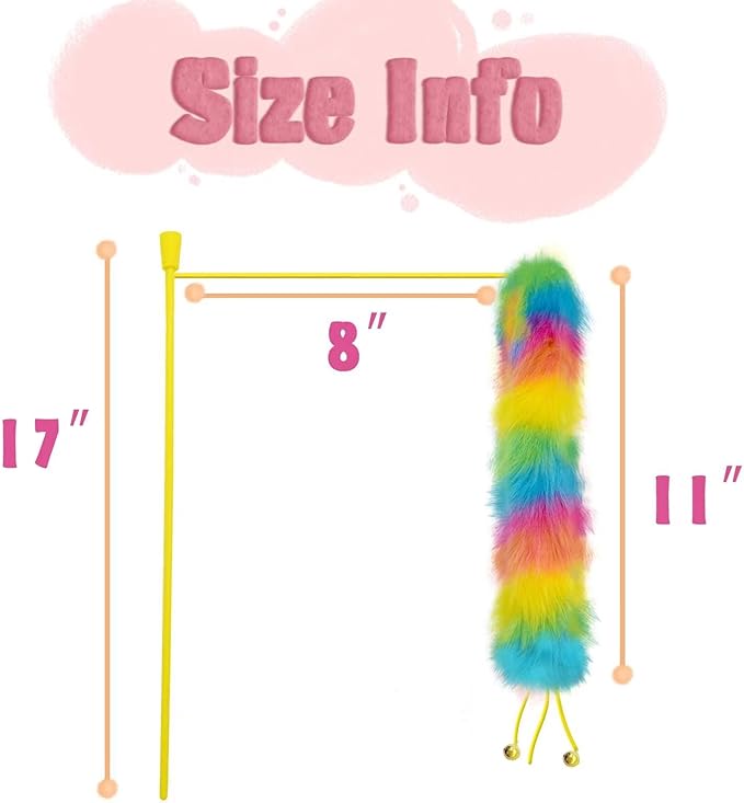 3 Pack Cat Wand Toy, Rainbow Cat Feather Toys with Bells, Teaser Wand with Soft Furry Tail, Interactive Toys for Indoor Cats & Kitten & Kitty-Mewly Pet