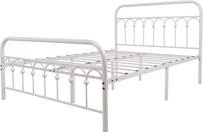 TUSEER Metal Bed Frame Full Size with Vintage Headboard and Footboard Platform Base Wrought Iron Bed Frame (Full, White)