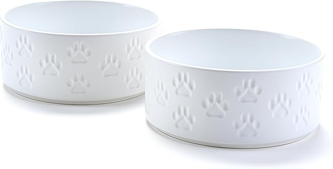 SPUNKYJUNKY Ceramic Dog and Cat Bowls 2 Pack, 6.1'' Dog and Cat Food Water Double Feeding Bowls Non-Slip for Large Sized Breed Microwave Dishwasher Safe - 28.7 OZ, 2pcs, Paw White-Mewly Pet