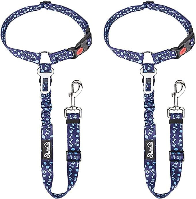 SlowTon Dog Seat Belt for Car, 2 Pack Dog Car Harness Seatbelt Adjustable with Elastic Bungee Buffer, 2 in 1 Pet Car Leash Headrest Restraint Dog Reflective Safety Tether (Blue Paw, Headrest+Clip)-Mewly Pet