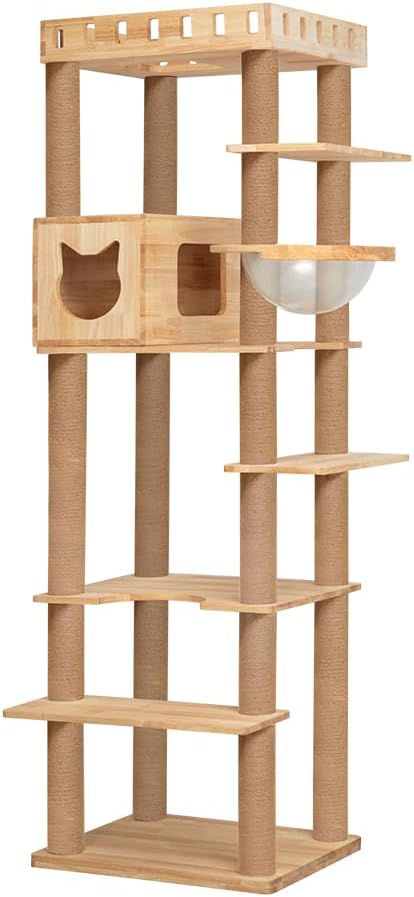 74.8" Wooden Cat Tree Tower for Large Cats, Multi-Level Cat Climbing Furniture with Scratching Posts, Cat Condo & Hammock, Natural Wood Cat Activity Center (Brown)-Mewly Pet