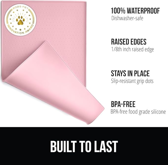 GORILLA GRIP 100% Waterproof Raised Edge BPA Free Silicone Pet Feeding Mat, Dog Cat Food Mats Contain Spills Protects Floors, Placemats for Cats and Dogs Water Bowl, Pets Accessories 16x10, Pink-Mewly Pet