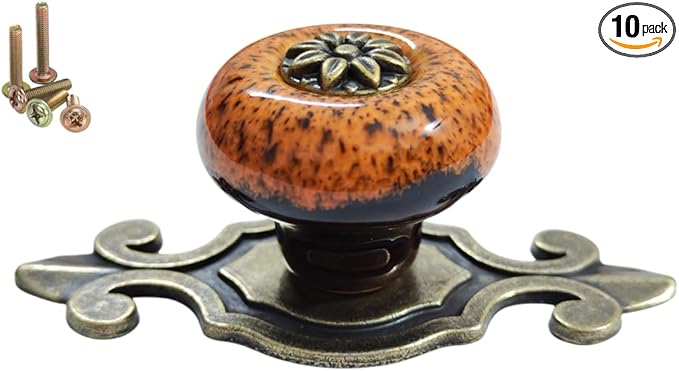 10 Pack Retro Ceramic Knobs,Vintage Dresser Kitchen Petal Cabinet Pulls Rustic Zinc Alloy Base Back Plate Kid Cupboard Wardrobe Drawer Door Handles (Leopard Print Orange)