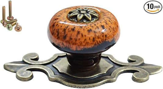 10 Pack Retro Ceramic Knobs,Vintage Dresser Kitchen Petal Cabinet Pulls Rustic Zinc Alloy Base Back Plate Kid Cupboard Wardrobe Drawer Door Handles (Leopard Print Orange)