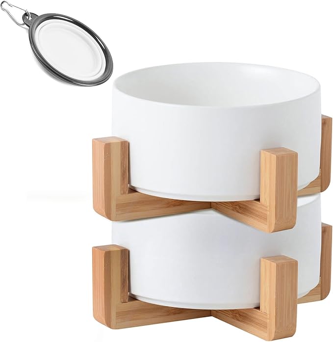 Petygooing Ceramic Dog Cat Bowl Set with Stand, Pet Dog Food and Water Dish,Medium Pet Bowls Anti Slip Set of 2 Cat Bowls-White Pet Food Bowl- Small Medium Size Pet (28 OZ /3.6 Cups)-Mewly Pet