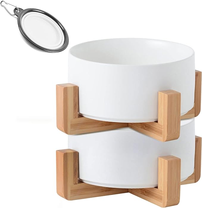 Petygooing White Ceramic Cat Dog Bowl Set with Stand,Small Dog Bowls,Pet Food and Water Dish, Anti Slip Set of 2 Cat Bowls Pet Food Bowl- Pet Dish Small Size Pet (13.5OZ/5.1 in)-Mewly Pet