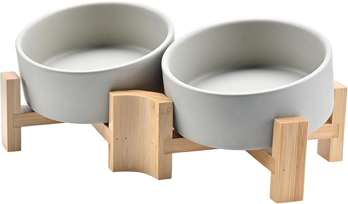 SPUNKYJUNKY 15° Slanted Ceramic Dog and Cat Bowl with Wooden Stand, Tilted Bulldog Food and Water Bowl No Slip Non-Spill for Cats Medium Dogs Big Face Pets 13.5 OZ (1.7 Cups, Grey × 2)-Mewly Pet
