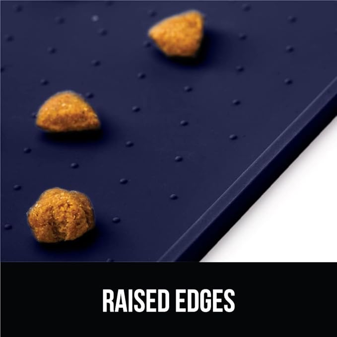 GORILLA GRIP 100% Waterproof Raised Edge BPA Free Silicone Pet Feeding Mat, Dog Cat Food Mats Contain Spills Protects Floors, Placemats for Cats and Dogs Water Bowl, Pets Accessories 28x18 Navy-Mewly Pet