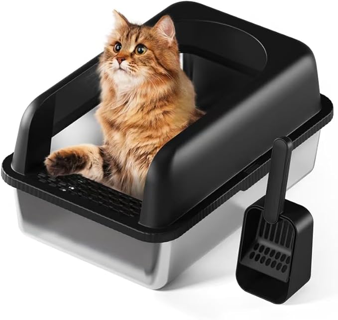 Stainless Steel Cat Litter Box with Lid, 24" L x 16" W x 11.8" H, Large Cat Litter Box for Multiple Cats with High Sided, No-Leak & Stick, Easy to Clean, Includes Litter Mat & Multi Functional Scoop-Mewly Pet