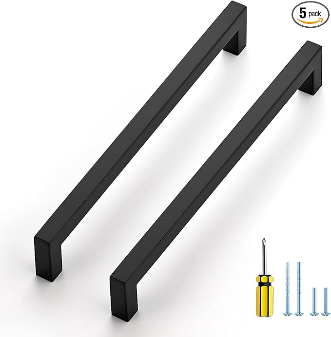 Ravinte 5 Pack Black Cabinet Pulls 8-4/5 Inch Square Kitchen Cabinet Handles Matte Black Kitchen Hardware for Drawer Pulls Drawer Handles Come with Screwdriver