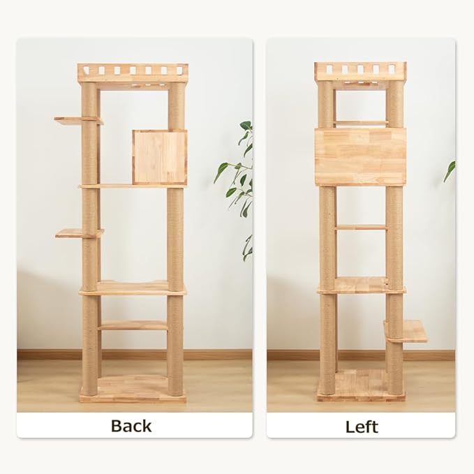 74" Wooden Cat Tree Tower for Large Cats, Multi-Level Cat Climbing Furniture with Scratching Posts, Cat Condo & Hammock, Natural Wood Cat Activity Center(Brown)-Mewly Pet