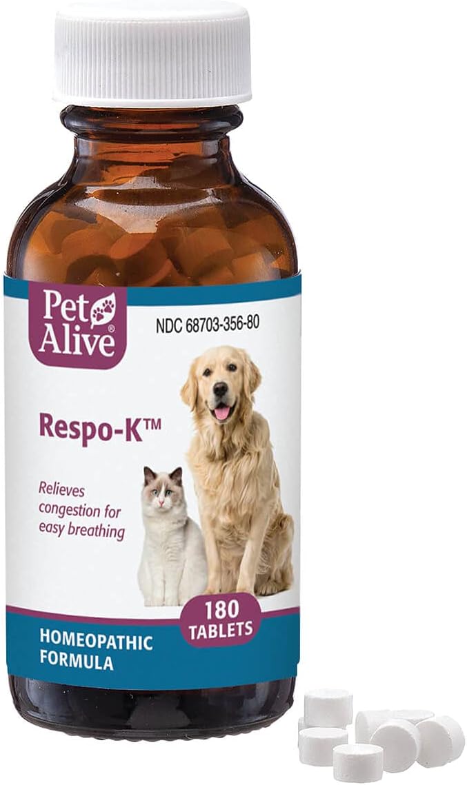 PetAlive Respo-K Tablets - Natural Homeopathic Formula for Pet Respiratory and Cold Symptoms - Reduces Sneezing, Coughing Watery Eyes, Runny Nose and Congestion in Dogs and Cats - 180 Tablets-Mewly Pet