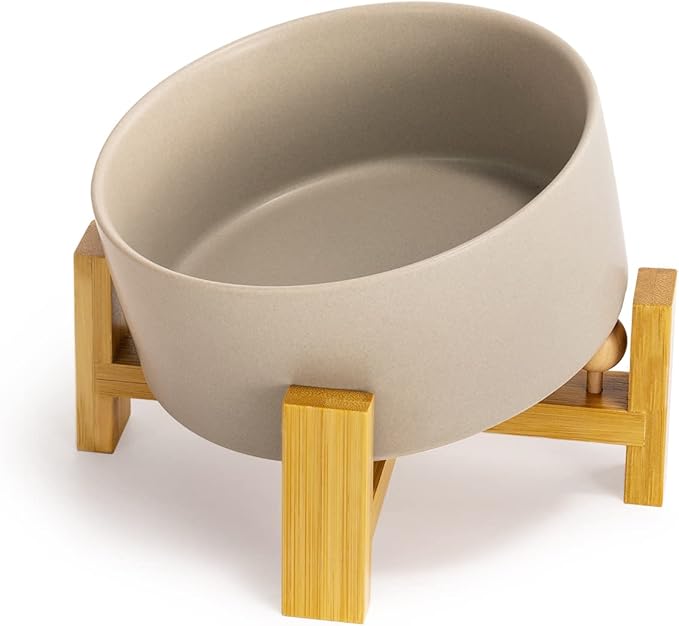 SPUNKYJUNKY 15° Slanted Ceramic Dog and Cat Bowl with Wooden Stand, Tilted Bulldog Food and Water Bowl No Slip Non-Spill for Cats Medium Dogs Big Face Pets 28.7 OZ (3.6 Cups, Grey)-Mewly Pet