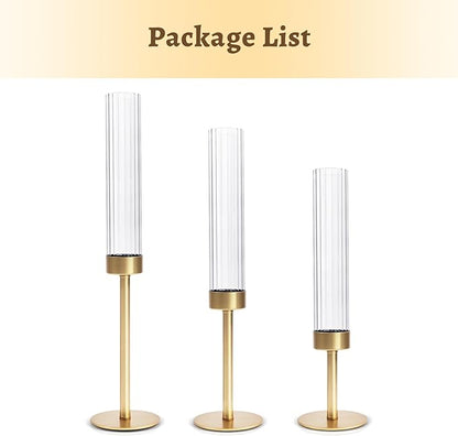 Gold Hurricane Glass Candle Holders: Cadhodenm Tall Glass Candlestick Holder for Wedding Set of 3 Brass Taper Candle Holders Modern Candle Sticks Holder for Table Centerpiece Party Christmas Home
