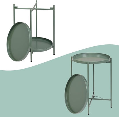 HollyHOME 2-Tier Round Side Table, Outdoor Small Folding Accent Stand with Removable Tray, Anti-Rust Metal Asional Table for Balcony Patio Living Room, Nightstand for Bedroom(Matcha Green)