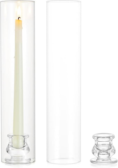 Glass Hurricane Candle Holder: 12" Tall Candlestick Holder with Cylinder Windproof Cover Clear Taper Candle Holders for Wedding Party Birthday Christmas Home Decor Set of 2