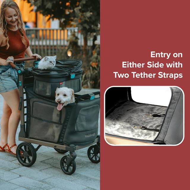 Pet Two Foldable Cart - Adjustable & Portable Pet Stroller with Caddy, Foam Filled Rubber Wheels, Storage - Carriage for Small & Medium Dogs, Cats Under 75 lbs-Mewly Pet