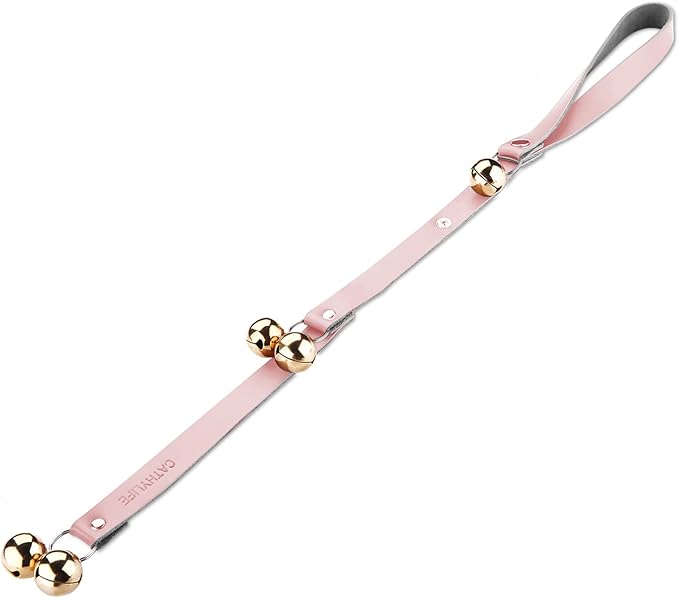 Leather Dog Doorbells for Door Knob/Potty Training/Go Outside, Length Adjustment Copper Dog Bell, Housetraining Hanging Bell, Pink Leather Golden Bells.-Mewly Pet