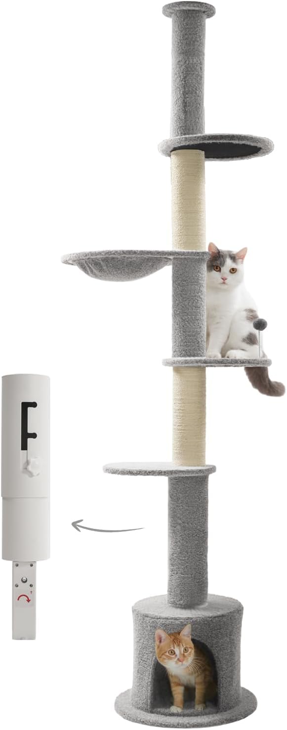 Made4Pets Floor to Ceiling Cat Tree 93-106'',Tall Cat Tower 5 Tiers,Adjustable Height, Stable Cat Tree Tower with Scratching Posts, Fluffy Condo, Hammock and Ball Toy for Indoor Cats/Kitten, Gray-Mewly Pet