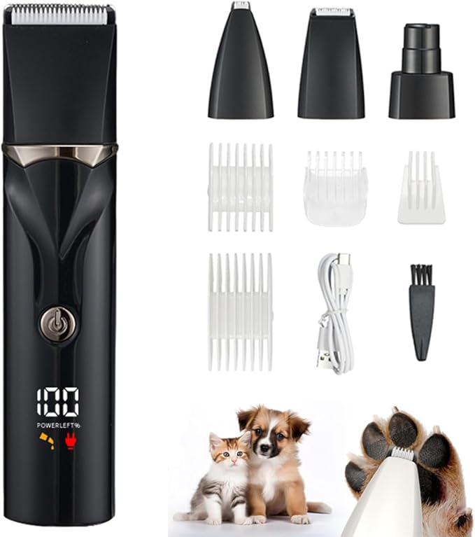Dog Grooming Kit with LCD Display, 4 in 1 Dog Hair Trimmer for Paw Nail Grinder, Rechargeable Cordless Pet Cat Clippers, Professional Pet Paw Trimmer Nail Grinder Low Noise. Black-Mewly Pet