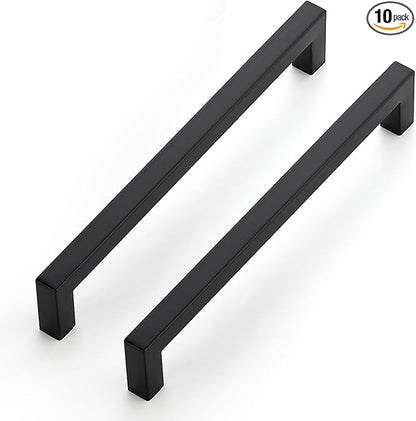 JOY DECOR 10 Pack Cabinet Handles, Black Cabinet Pulls, 7-1/2 Inch Kitchen Closet Handles Square Drawer Pulls Stainless Steel Drawer Hardware, 192mm Hole Centers