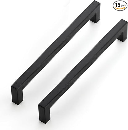 JOY DECOR 15 Pack Cabinet Handles, Black Cabinet Pulls, 7-1/2 Inch Kitchen Closet Handles Square Drawer Pulls Stainless Steel Drawer Hardware, 192mm Hole Centers