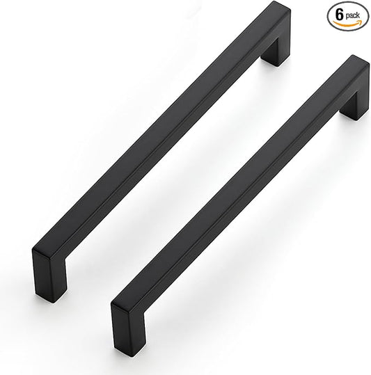 JOY DECOR 6 Pack Cabinet Handles, Black Cabinet Pulls, 7-1/2 Inch Kitchen Closet Handles Square Drawer Pulls Stainless Steel Drawer Hardware, 192mm Hole Centers