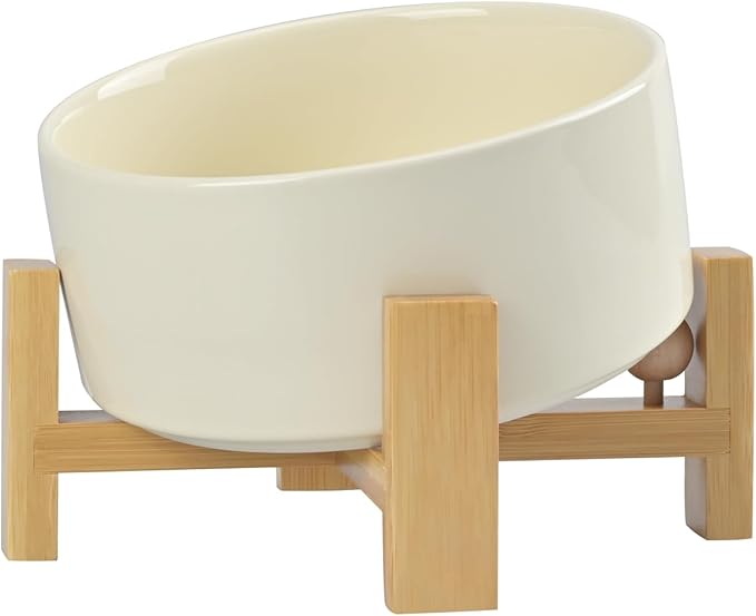 SPUNKYJUNKY 15° Slanted Ceramic Dog and Cat Bowl with Wooden Stand, Tilted Bulldog Food and Water Bowl No Slip Non-Spill for Cats Medium Dogs Big Face Pets 28.7 OZ (3.6 Cups, Beige)-Mewly Pet