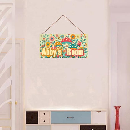 Personalized Sign Mushroom and Flowers Decor For Girls Bedroom Custom Door Sign Wood Plaque Sign Wall Decor For Kids Room