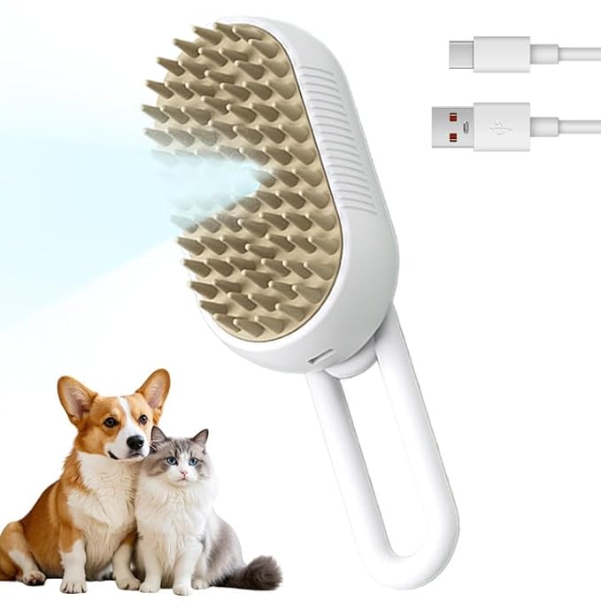 3-In-1 Rechargeable Steamy Cat Brush, Deep Cleaning & Hair Removal System with Rotating Handle, 360° Massage for Cats & Dogs (White)-Mewly Pet