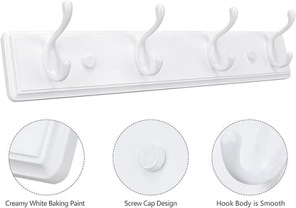 Wooden Coat Rack, Wall-Mounted Organizer for Closet, Entryway, Hallway, Foyer, Bedroom, Heavy Duty Double Hooks for Hanging Towels, Bags, Hats, Jackets, Key (White, 4 Hooks)