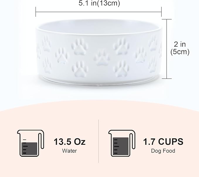 SPUNKYJUNKY Ceramic Dog and Cat Bowls 2 Pack, 5.1'' Dog and Cat Food Water Double Feeding Bowls Non-Slip for Cats and Puppy Small Sized Breed Dogs Microwave Dishwasher Safe - 13.5 OZ, 2pcs, Paw White-Mewly Pet