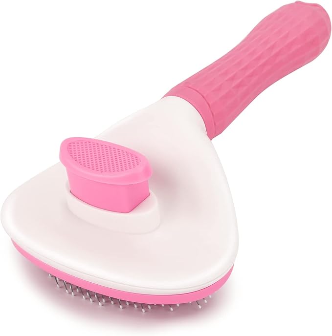Depets Self Cleaning Slicker Brush, Dog Cat Bunny Pet Grooming Shedding Brush - Easy to Remove Loose Undercoat, Pet Massaging Tool Suitable for Pets with Long or Short Hair Pink-Mewly Pet