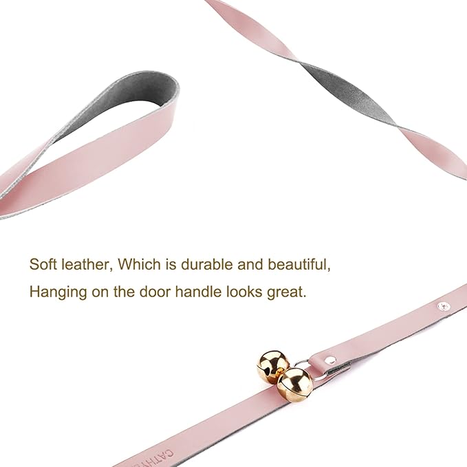 Leather Dog Doorbells for Door Knob/Potty Training/Go Outside, Length Adjustment Copper Dog Bell, Housetraining Hanging Bell, Pink Leather Golden Bells - 2 Pack.-Mewly Pet