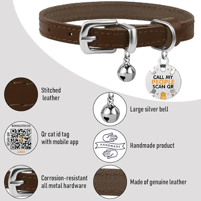 BRONZEDOG Leather Cat Collar with Removable Bells Non Breakaway Kitten QR Tag for Girl Boy (9" - 12" Cats/Mini Dogs, Brown & Silver)-Mewly Pet