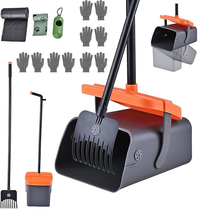 Dog Pooper Scooper with Rotating Bucket & Rake – 46” Adjustable Long Handle Includes 85 Waste Bags – Heavy Duty Poop Scooper for Large Medium & Small Dogs – Yard Lawn Gravel & Dirt Cleanup-Mewly Pet