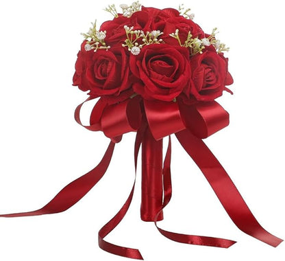 Wedding Bouquet Bride Flower Bridal Bouquets, Ribbon Artificial Rose Wedding Bouquets for Bride Bridesmaid Bouquet Dark Red Rose Bouquet Bride Bridesmaid Holding Flower for Wedding Decor