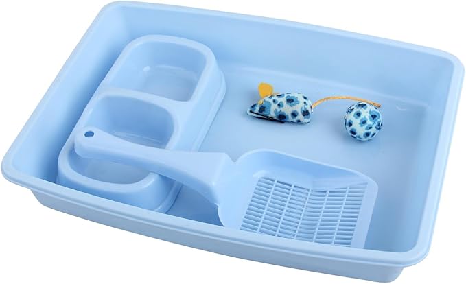 PAWISE Cat Litter Box Set, Small Cat Kitten Starter Kit, Include Cats Toilet Kitten Litter Pan, Cat Litter Scoop, Double Dish Cat Bowl, Cat Mouse Toy, Cat Ball Toy-Mewly Pet