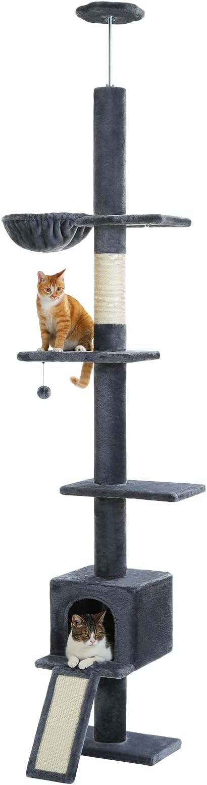 PEQULTI Floor to Ceiling Cat Tree, Tall Cat Tower, Adjustable Height (83''-108'') 5 Levels Climbing Tree for Indoor Cats with Cat Condo, Cozy Hammock and Scratching Post, Smoky Grey-Mewly Pet