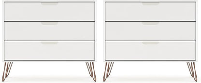 Manhattan Comfort Rockefeller 3 Drawer Dresser for Bedroom Storage, Nursery, Closet, Living Room, Entryway, TV Stand for Screens up to 32 Inches, Anti-Tip Kit Included, Set of 2, White