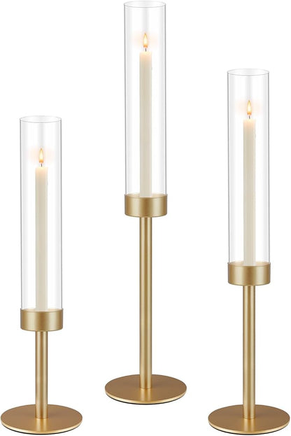 3Pcs Hurricane Glass Candle Holders Gold Candlestick Holders Taper Candle Holder with 9.8" Windproof Clear Cylinder Covers for Outdoor Indoor Tall Candle Stick Holder Decor for Wedding Party Fireplace