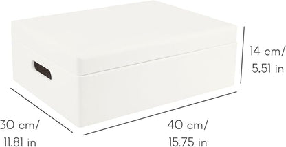 XL White Wooden Box Storage with Hinged Lid | 15.8x11.8x5.5in (+-0.5) | with Handles | Gift Box for Tool Dog Toy Shoes Clothes Kitchen Storage | Wood Keepsake Chest
