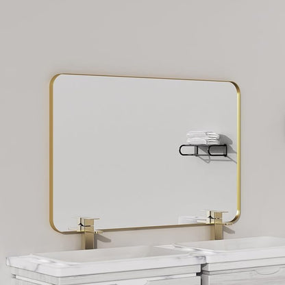 VocalStar Gold Bathroom Mirror for Wall, 40 x 30 Inch Metal Framed Rounded Rectangle Vanity Mirror Modern Farmhouse, 1/4-inch Shatterproof Glass | Ultra-Flush Hanging